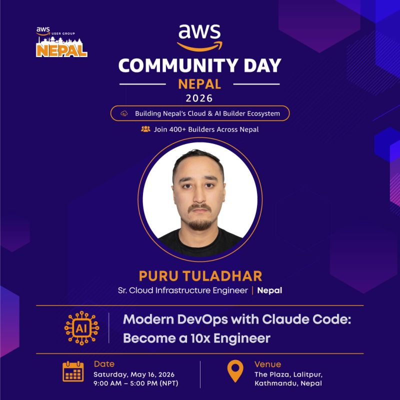AWS Community Day Nepal 2026 speaker poster for Puru Tuladhar