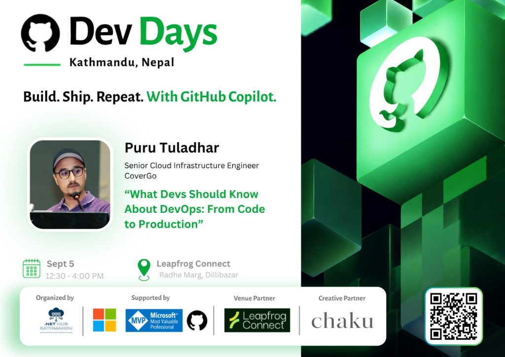 GitHub Dev Days Kathmandu event poster featuring Puru Tuladhar